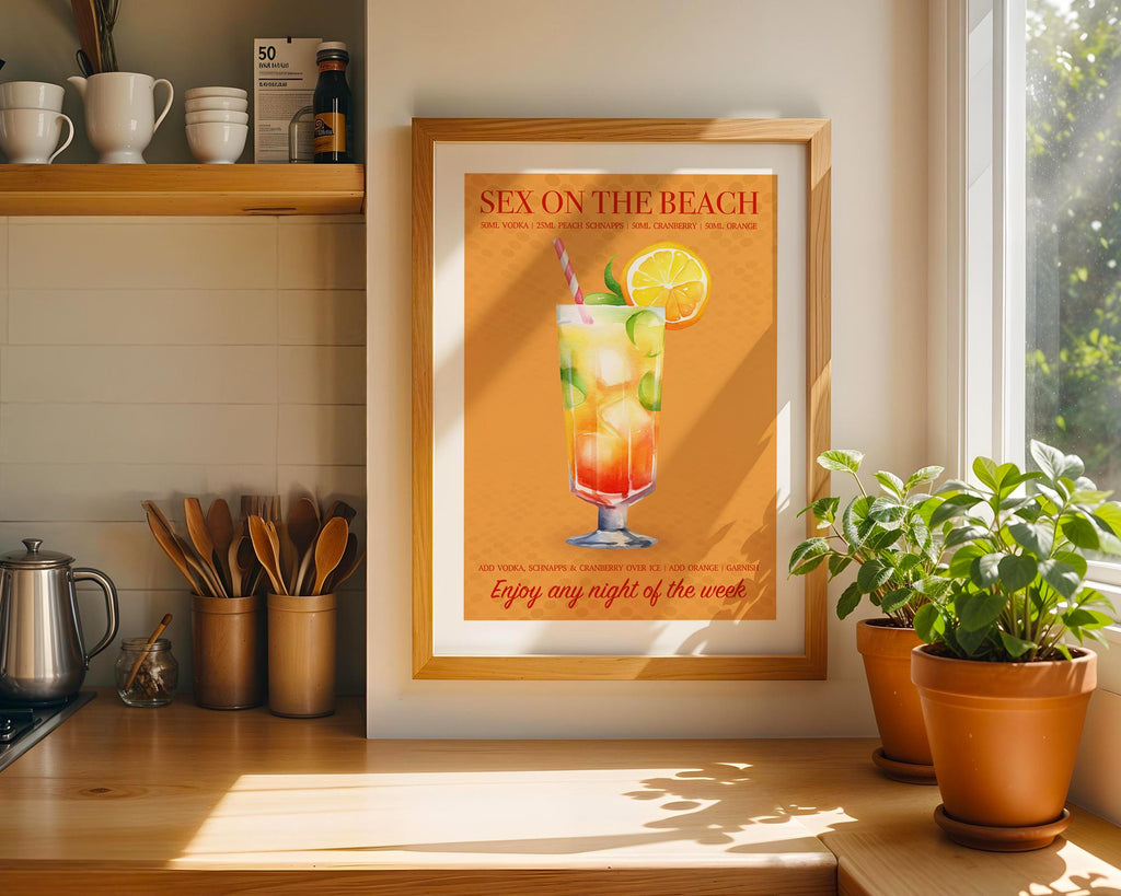Cocktail Print Sex On The Beach, Holiday Cocktail Poster, Kitchen Wall Art, Home Bar Decor, Colourful Retro Home Decor, Girly Bar Cart Art