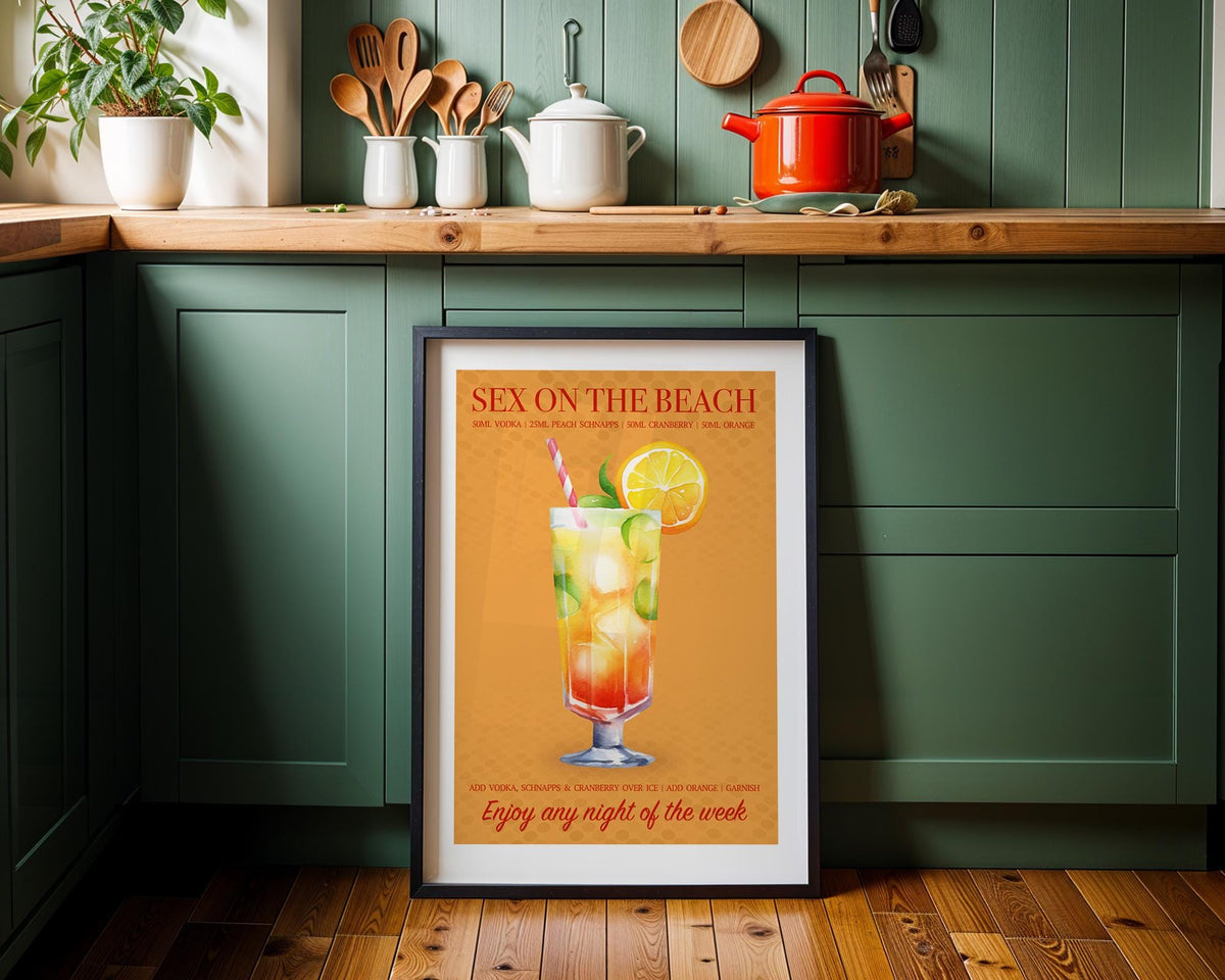Cocktail Print Sex On The Beach, Holiday Cocktail Poster, Kitchen Wall Art, Home Bar Decor, Colourful Retro Home Decor, Girly Bar Cart Art