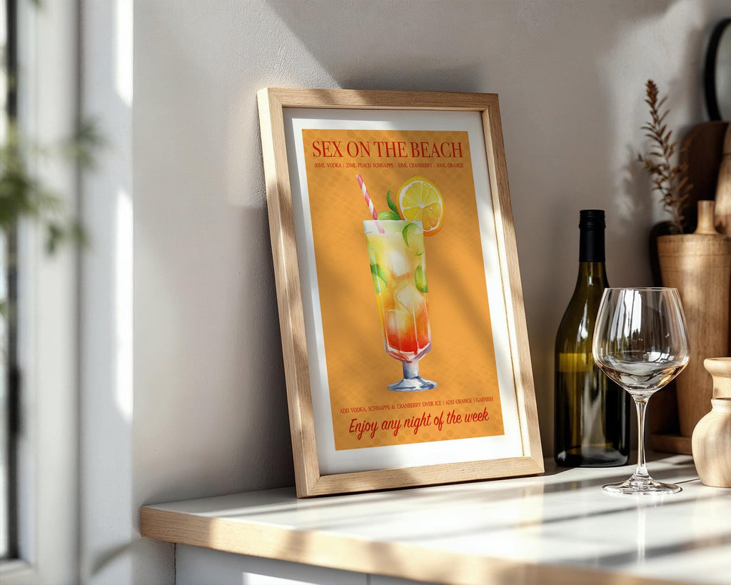 Cocktail Print Sex On The Beach, Holiday Cocktail Poster, Kitchen Wall Art, Home Bar Decor, Colourful Retro Home Decor, Girly Bar Cart Art