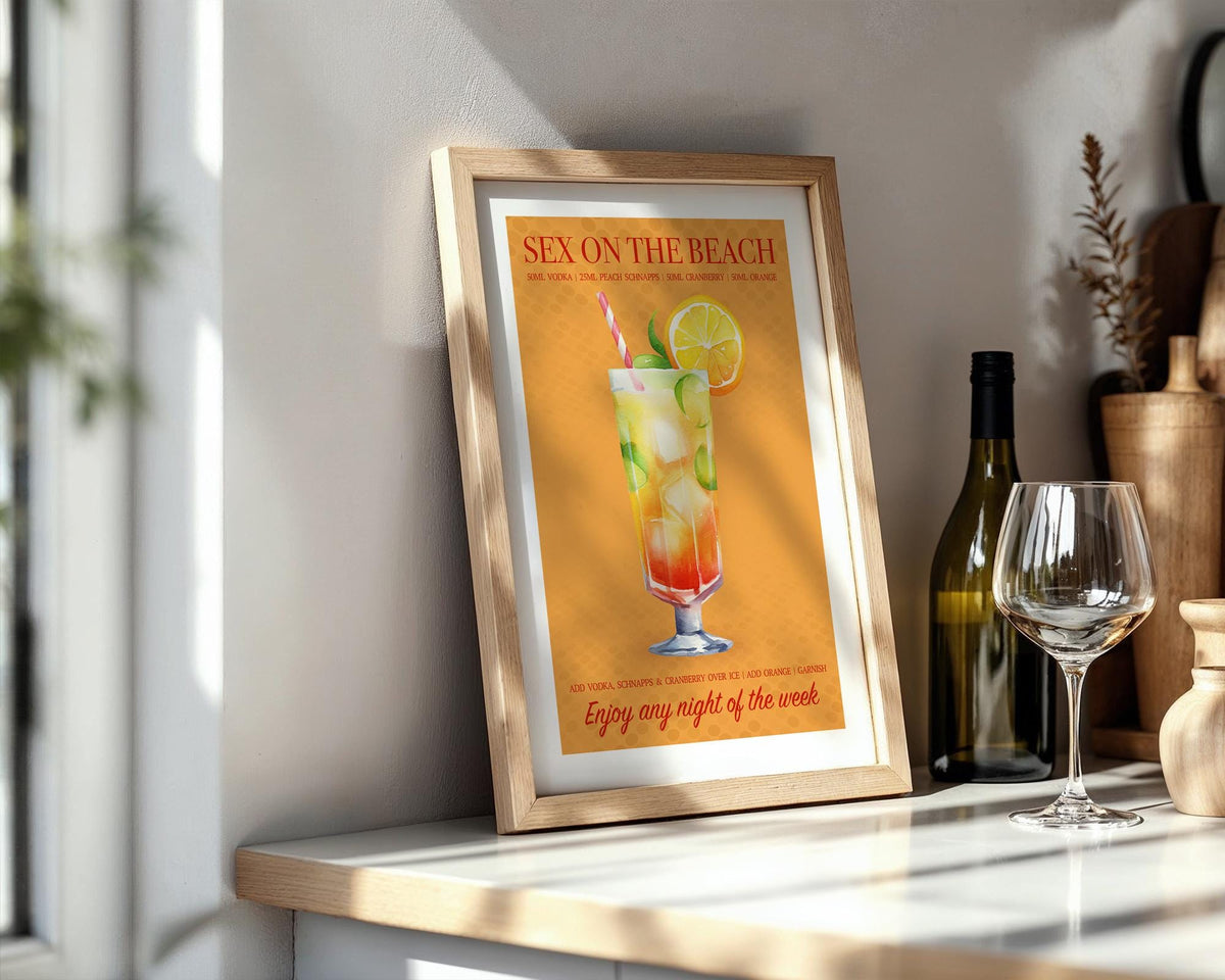 Cocktail Print Sex On The Beach, Holiday Cocktail Poster, Kitchen Wall Art, Home Bar Decor, Colourful Retro Home Decor, Girly Bar Cart Art