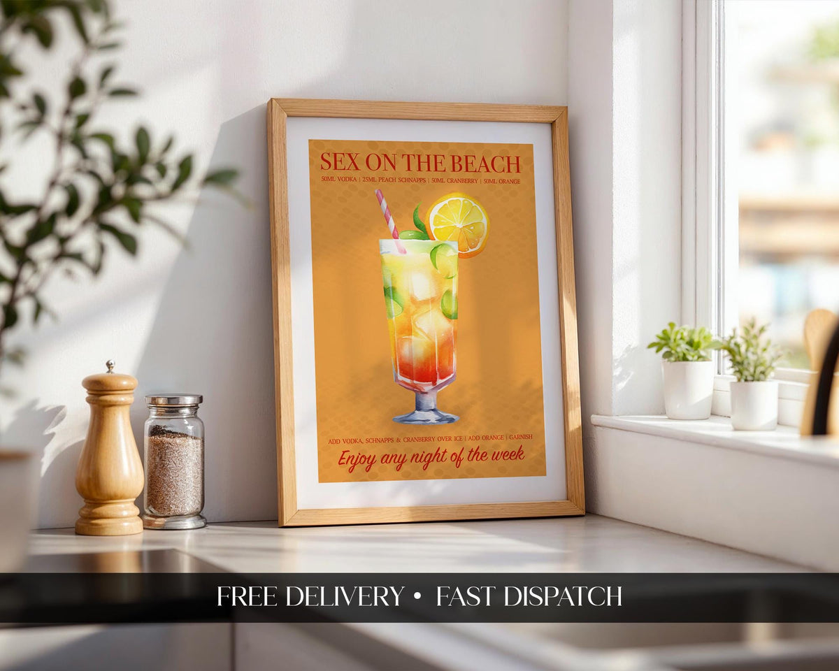 Cocktail Print Sex On The Beach, Holiday Cocktail Poster, Kitchen Wall Art, Home Bar Decor, Colourful Retro Home Decor, Girly Bar Cart Art