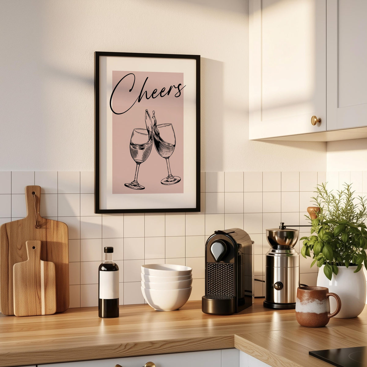 Wine Wall Art Print, Home Bar Decoration, Couples Drink Poster, Neutral Minimalist Art for Kitchen, Custom Colours Typography Print