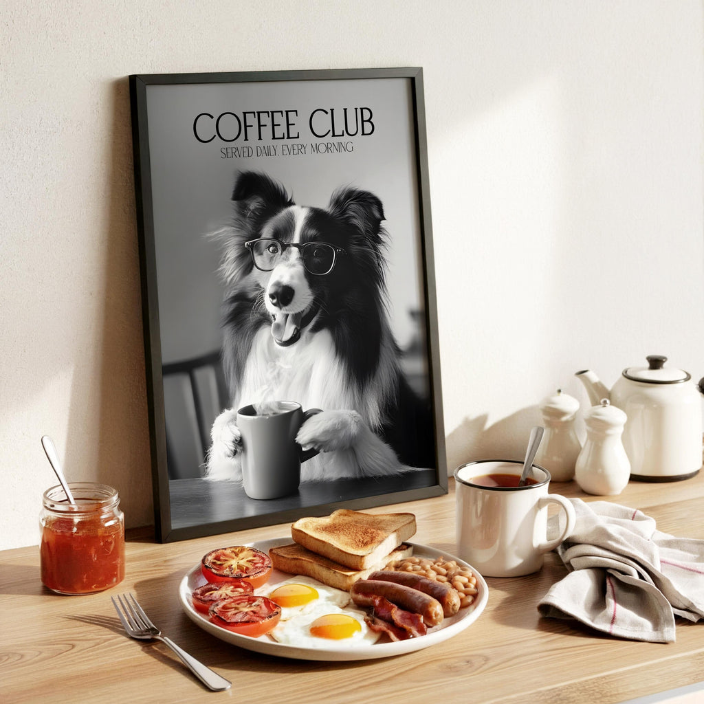 Border Collie Print, Funny Dog Gift, Black & White Dogs Drinking Poster, Coffee Club Kitchen Wall Art, Gifts For A Dog Owner, Coffee Lover