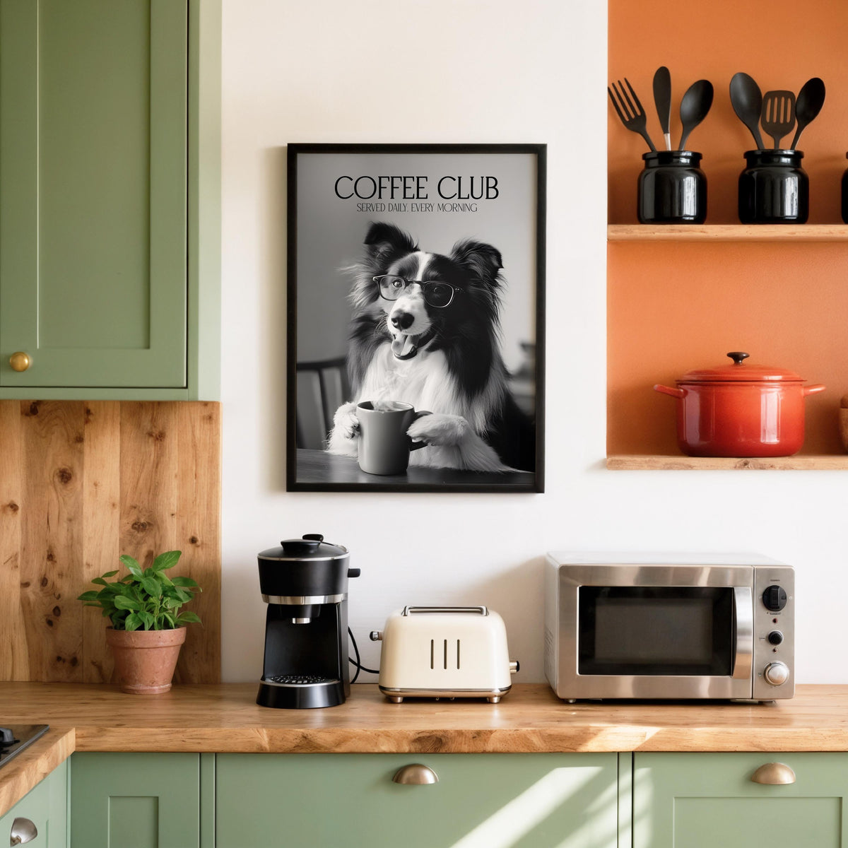Border Collie Print, Funny Dog Gift, Black & White Dogs Drinking Poster, Coffee Club Kitchen Wall Art, Gifts For A Dog Owner, Coffee Lover