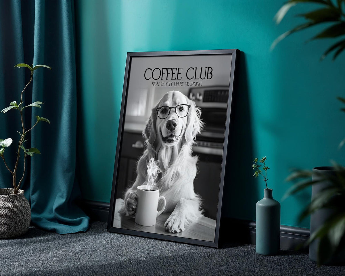 Golden Retriever Wall Art, Black & White Dog Poster, Golden Retriever Kitchen Print, Coffee Poster, Dog Home Decor Gift A4 A5