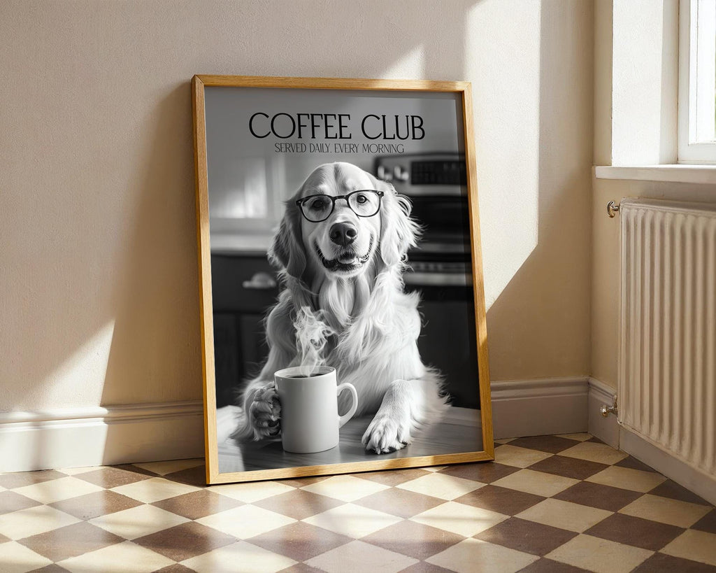 Golden Retriever Wall Art, Black & White Dog Poster, Golden Retriever Kitchen Print, Coffee Poster, Dog Home Decor Gift A4 A5