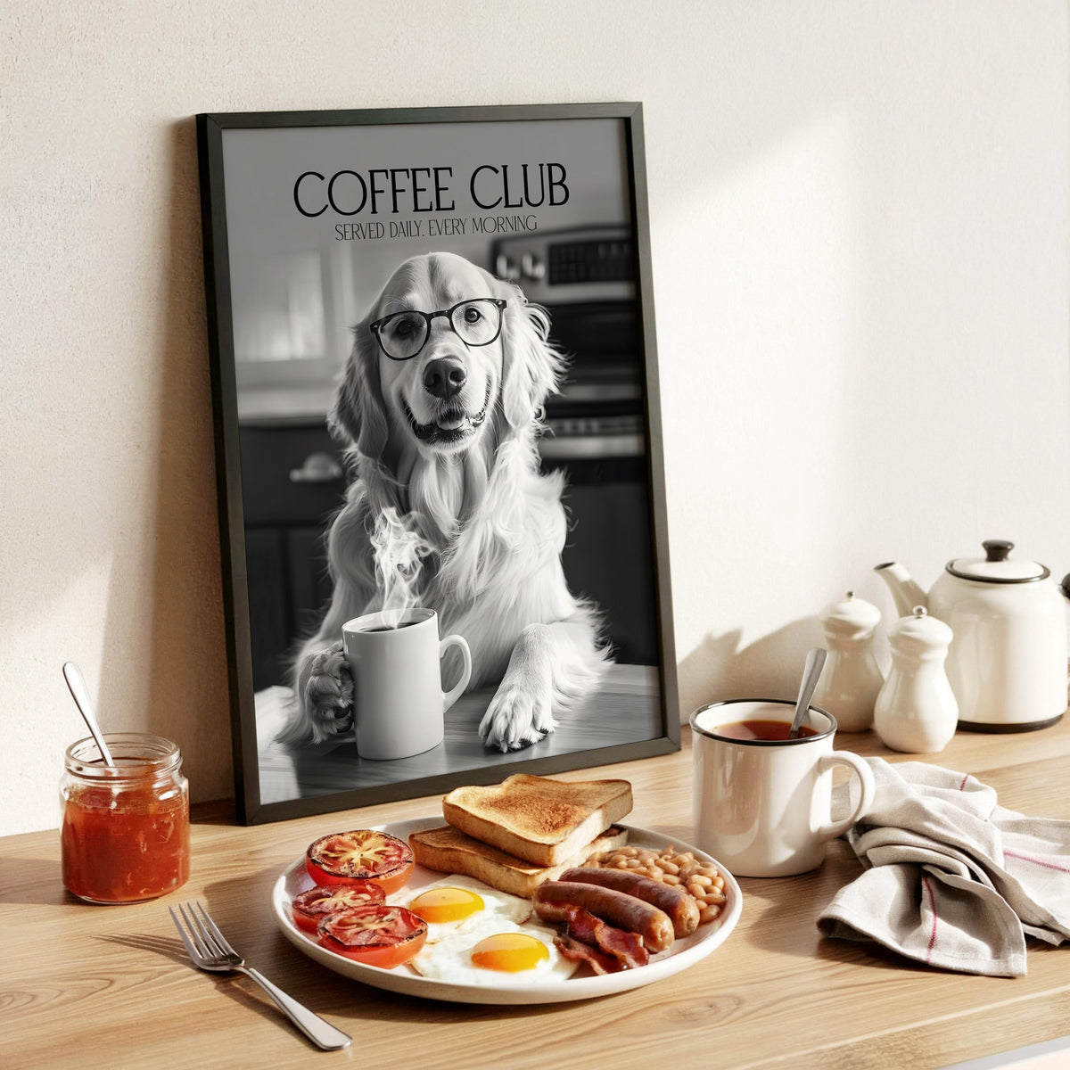 Golden Retriever Wall Art, Black & White Dog Poster, Golden Retriever Kitchen Print, Coffee Poster, Dog Home Decor Gift A4 A5