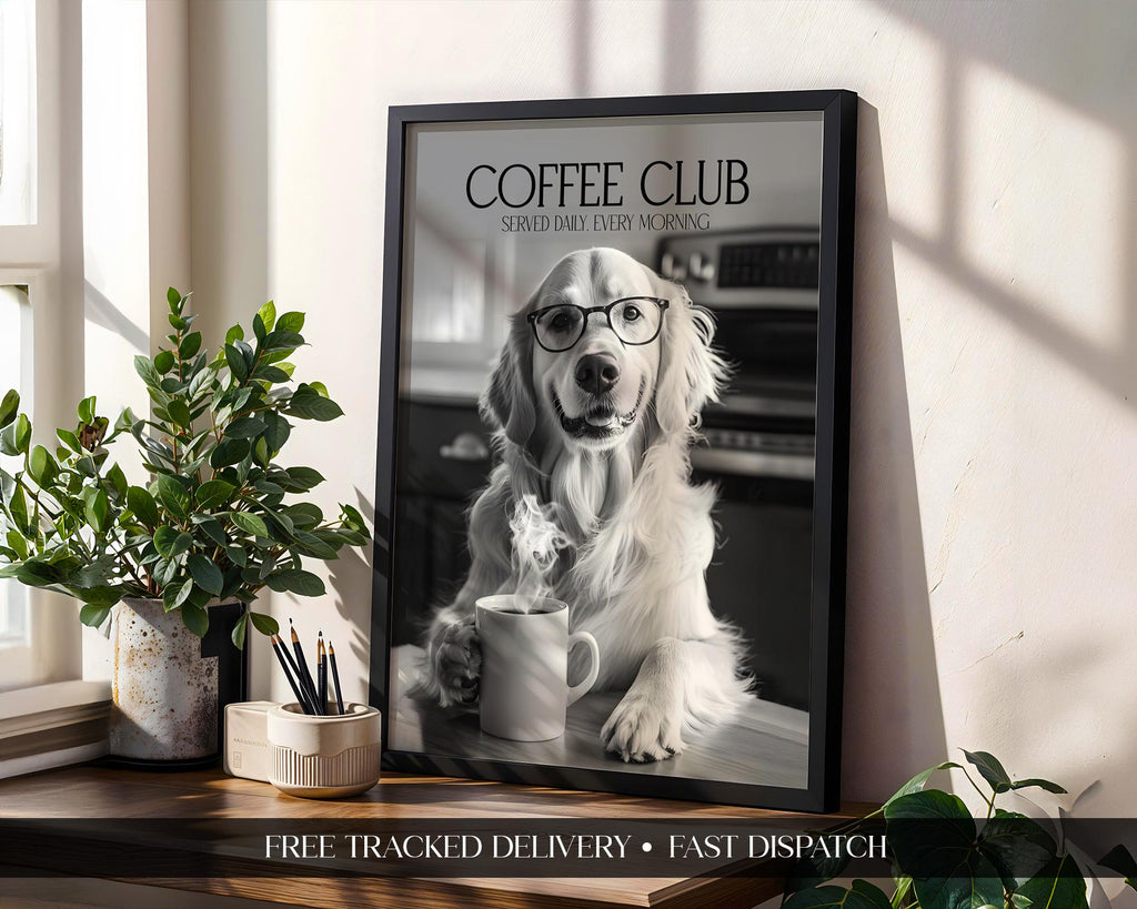 Golden Retriever Wall Art, Black & White Dog Poster, Golden Retriever Kitchen Print, Coffee Poster, Dog Home Decor Gift A4 A5