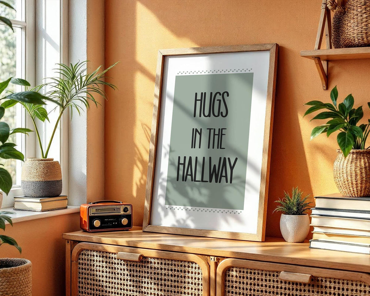 Hugs in the Hallway Poster, Hallway Decoration, Typography Prints, Hallway Prints Staircase Art, Welcome Home Custom, Neutral Decor A4 A3