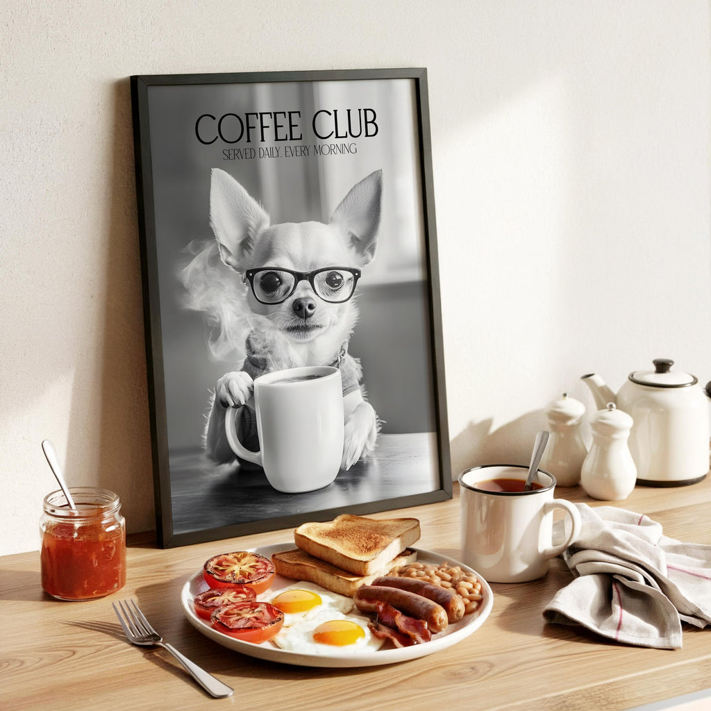 Chihuahua Print, Funny Dog Wall Art, Dogs Drinking Poster, Coffee Club Poster, Dog Lover Home Decor, Pet Dog Wall Decor A4 A5