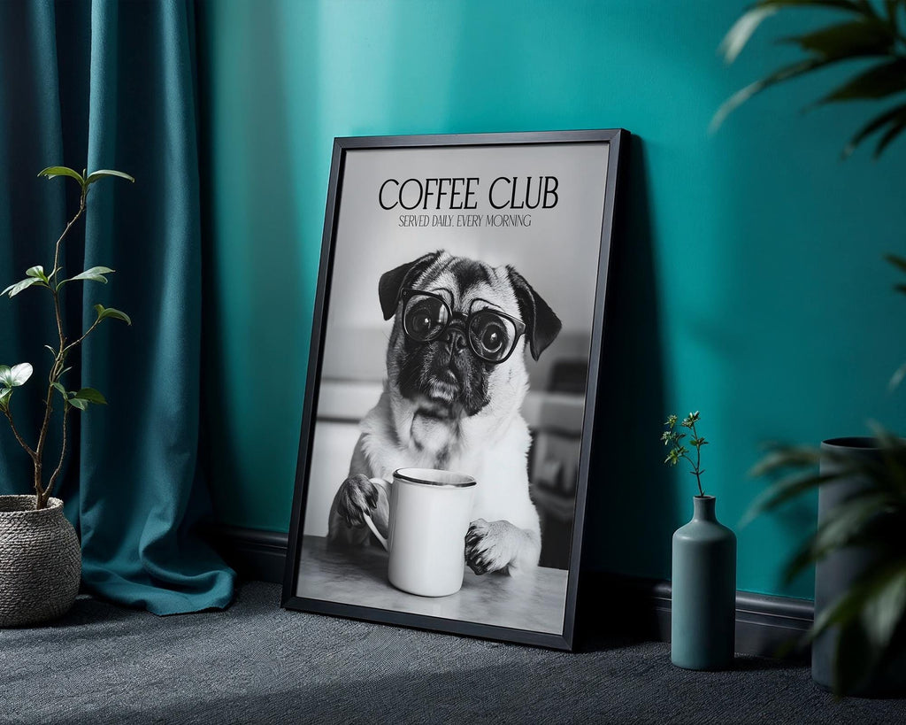 Pug Print, Black & White Animal Wall Decor, Dog Lover Gift, Kitchen Coffee Poster, Cute Pug Wall Art, Pet Portrait A4 A5