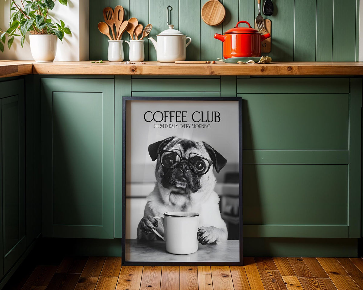 Pug Print, Black & White Animal Wall Decor, Dog Lover Gift, Kitchen Coffee Poster, Cute Pug Wall Art, Pet Portrait A4 A5