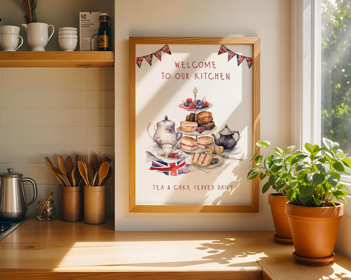 British Kitchen Afternoon Tea Poster, Tea & Cake Wall Art, Union Jack Decor Gift, English Afternoon Tea Print For A Cottage Kitchen