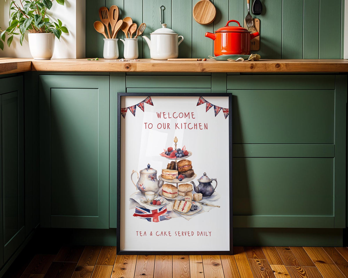 British Kitchen Afternoon Tea Poster, Tea & Cake Wall Art, Union Jack Decor Gift, English Afternoon Tea Print For A Cottage Kitchen