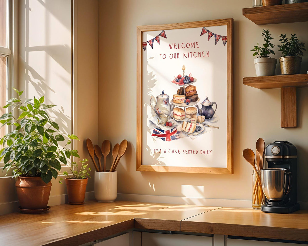 British Kitchen Afternoon Tea Poster, Tea & Cake Wall Art, Union Jack Decor Gift, English Afternoon Tea Print For A Cottage Kitchen