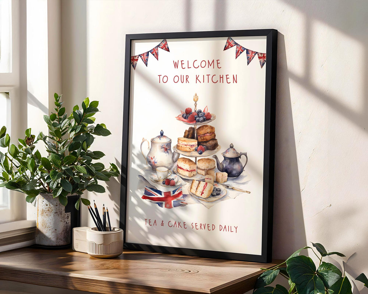 British Kitchen Afternoon Tea Poster, Tea & Cake Wall Art, Union Jack Decor Gift, English Afternoon Tea Print For A Cottage Kitchen
