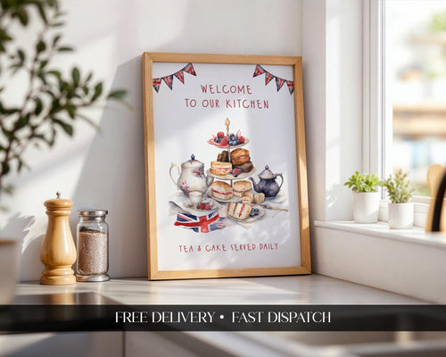 British Kitchen Afternoon Tea Poster, Tea & Cake Wall Art, Union Jack Decor Gift, English Afternoon Tea Print For A Cottage Kitchen