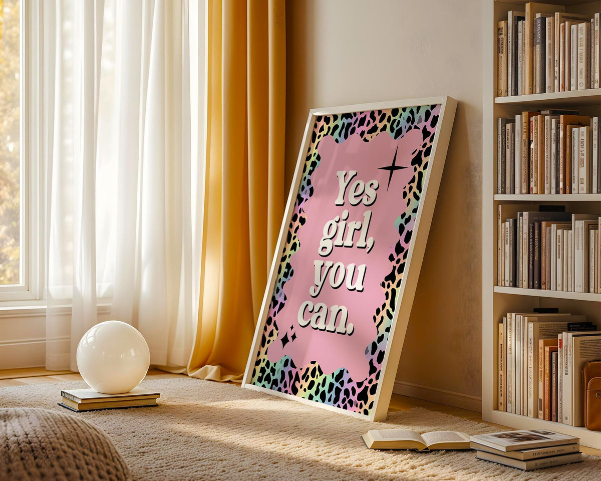 Yes Girl You Can Self Love Wall Print, Rainbow Leopard Print Pink Bedroom Decor, Female Empowerment Typography, Teen Positivity Quote