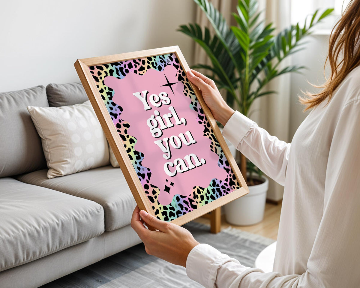 Yes Girl You Can Self Love Wall Print, Rainbow Leopard Print Pink Bedroom Decor, Female Empowerment Typography, Teen Positivity Quote