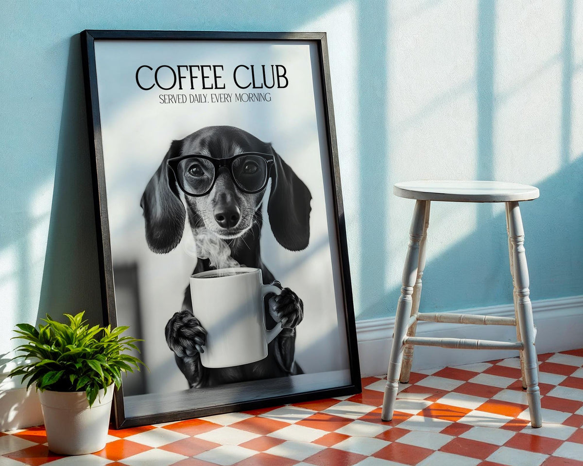 Dachshund Wall Art Print, Sausage Dog Print Funny, Dogs Drinking Poster, Dachshund Art Print For Kitchen, Coffee Club Art A4 A5
