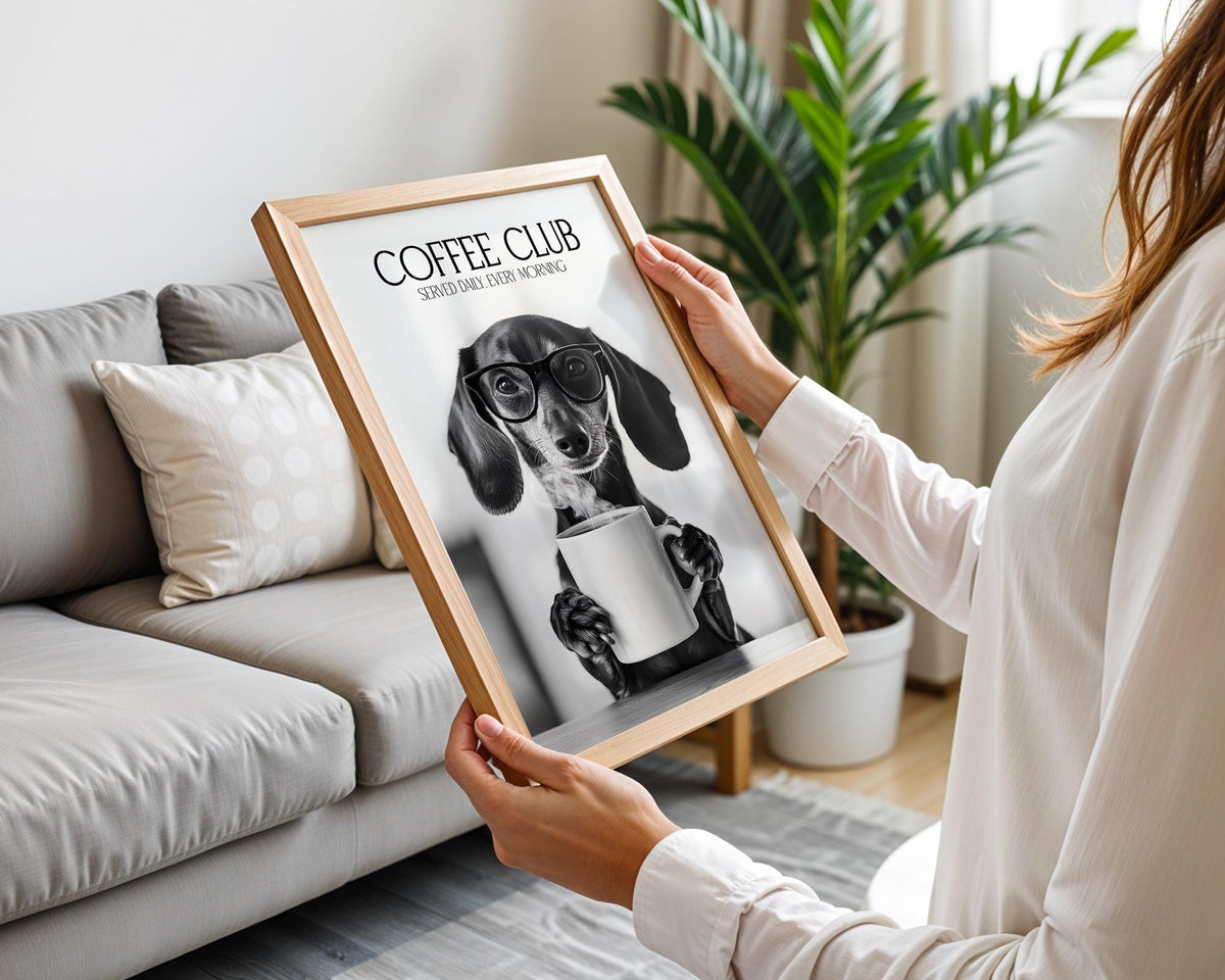 Dachshund Wall Art Print, Sausage Dog Print Funny, Dogs Drinking Poster, Dachshund Art Print For Kitchen, Coffee Club Art A4 A5