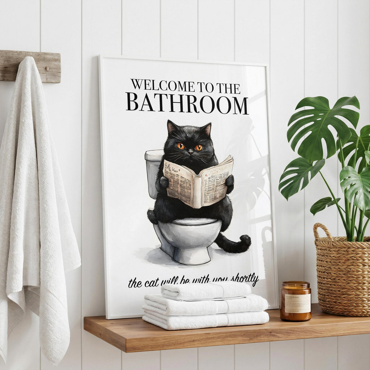 Cat Bathroom Print, Funny Bathroom Poster Cat Reading, Welcome To The Bathroom, Animals on Toilet Print, Toilet Poster Funny Animal A5 A4 A3