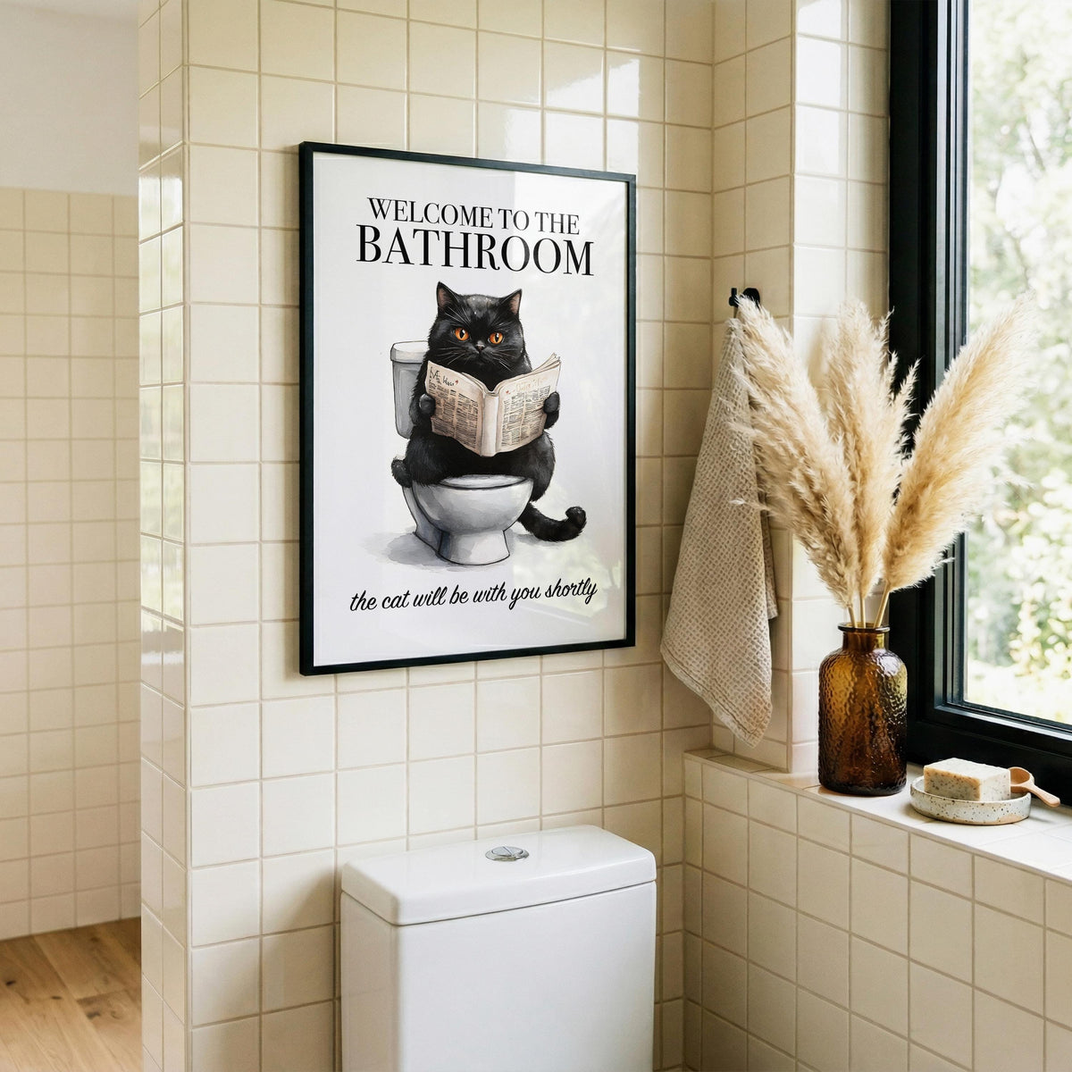 Cat Bathroom Print, Funny Bathroom Poster Cat Reading, Welcome To The Bathroom, Animals on Toilet Print, Toilet Poster Funny Animal A5 A4 A3