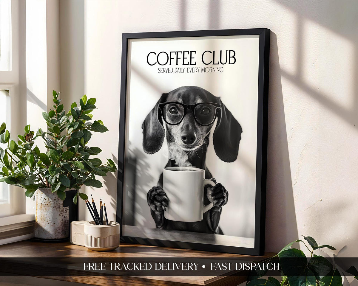 Dachshund Wall Art Print, Sausage Dog Print Funny, Dogs Drinking Poster, Dachshund Art Print For Kitchen, Coffee Club Art A4 A5