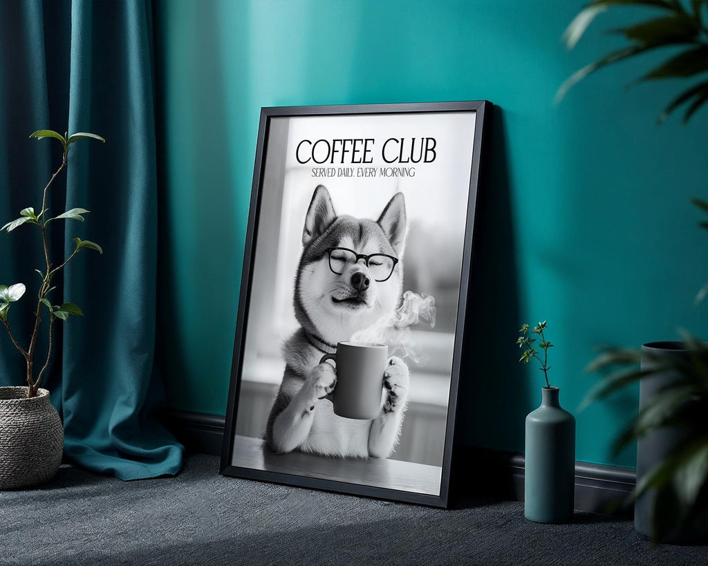 Shiba Inu Print, Funny Dog Kitchen Art, Dogs Drinking Poster, Shiba Inu Gifts For A Pet Owner, Coffee Club Poster, Coffee Lover Gifts A4 A5