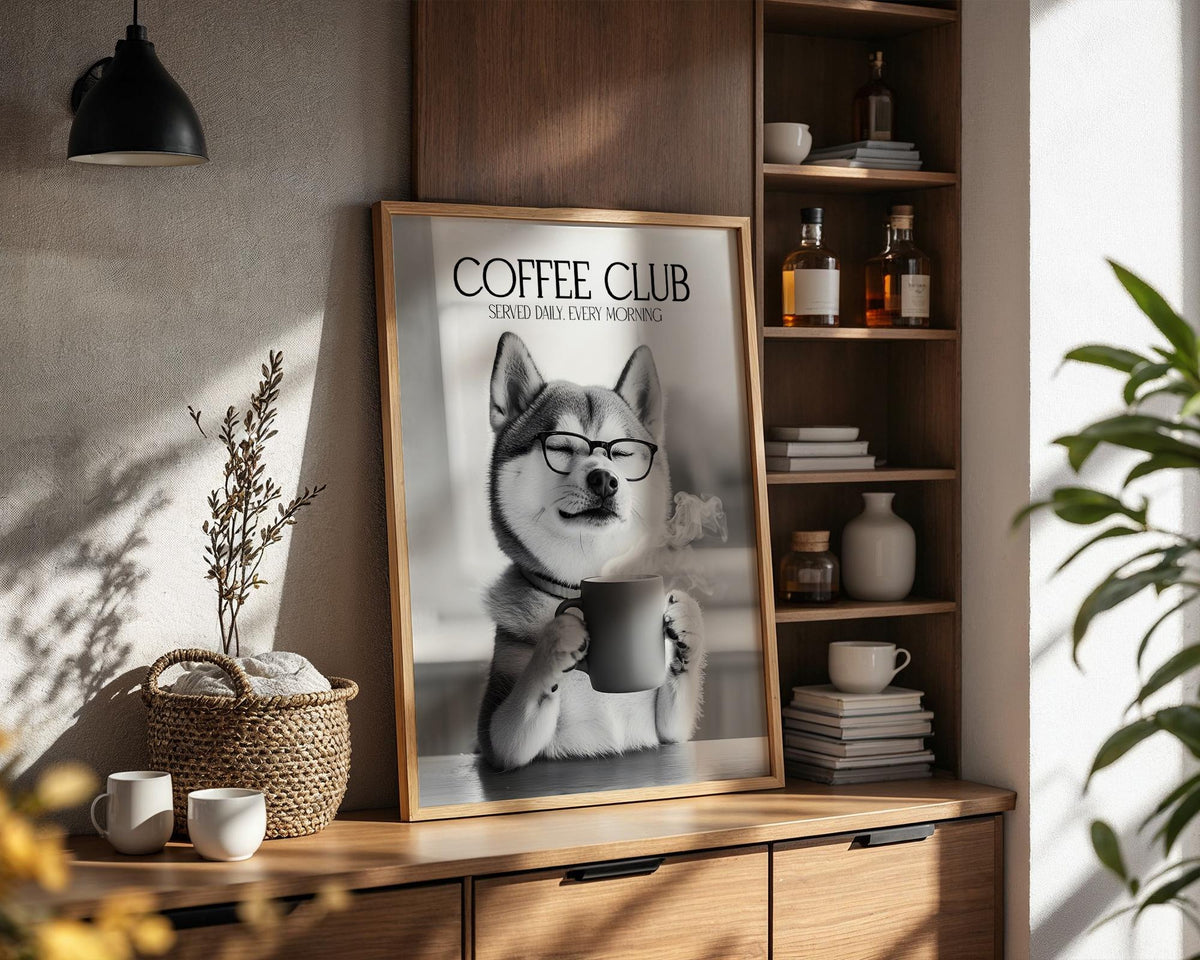 Shiba Inu Print, Funny Dog Kitchen Art, Dogs Drinking Poster, Shiba Inu Gifts For A Pet Owner, Coffee Club Poster, Coffee Lover Gifts A4 A5