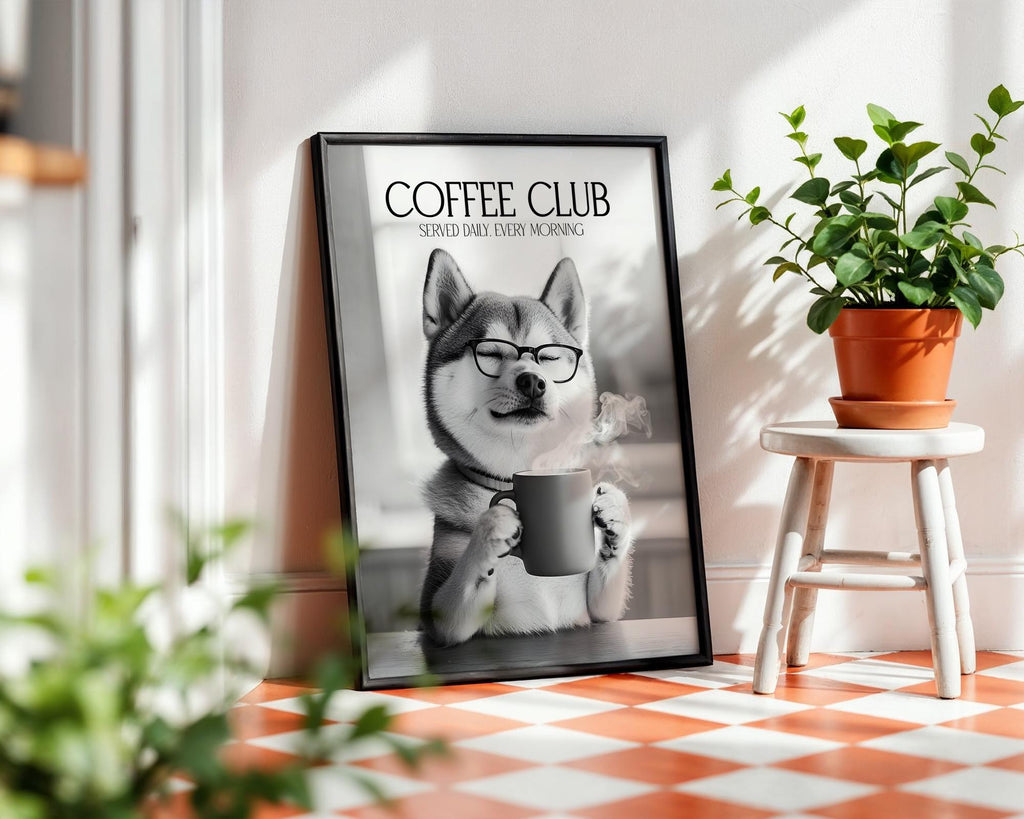 Shiba Inu Print, Funny Dog Kitchen Art, Dogs Drinking Poster, Shiba Inu Gifts For A Pet Owner, Coffee Club Poster, Coffee Lover Gifts A4 A5