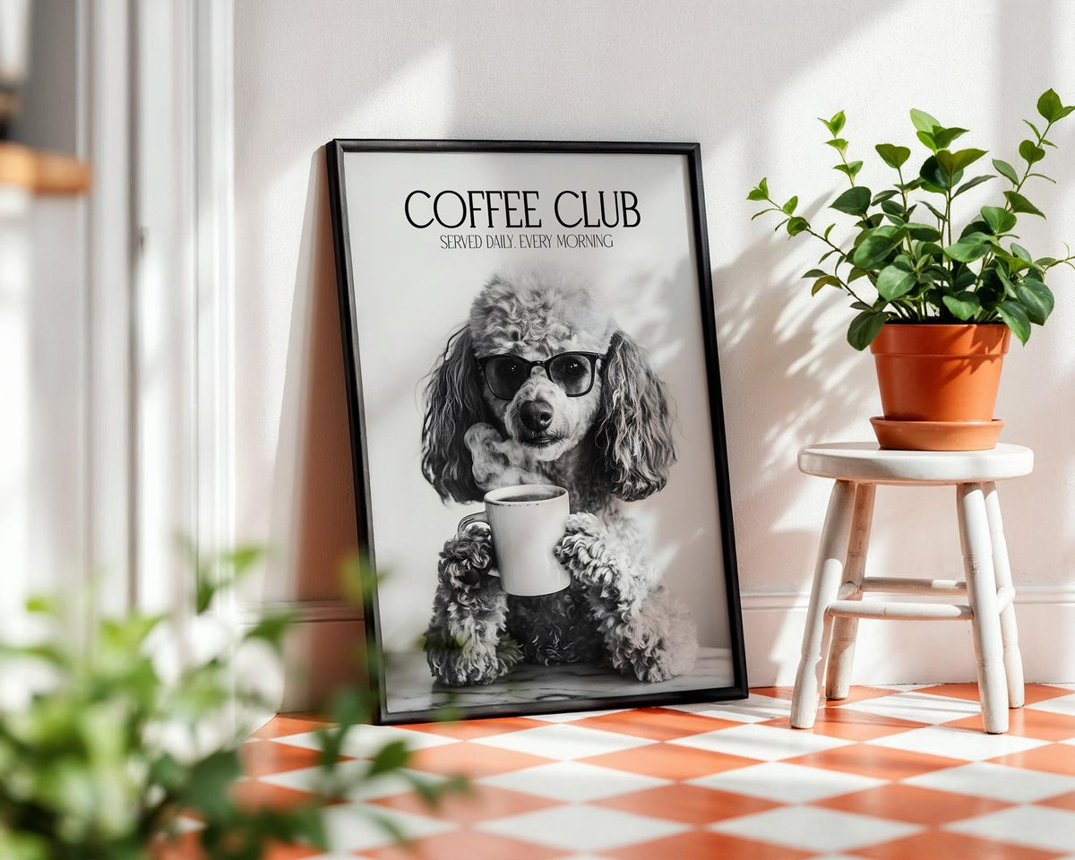 Poodle Print, Poodle Lovers Gift, Black and White Kitchen Wall Decor, Dog Home Decor, Coffee Wall Art For Kitchen, Coffee Machine Print A4