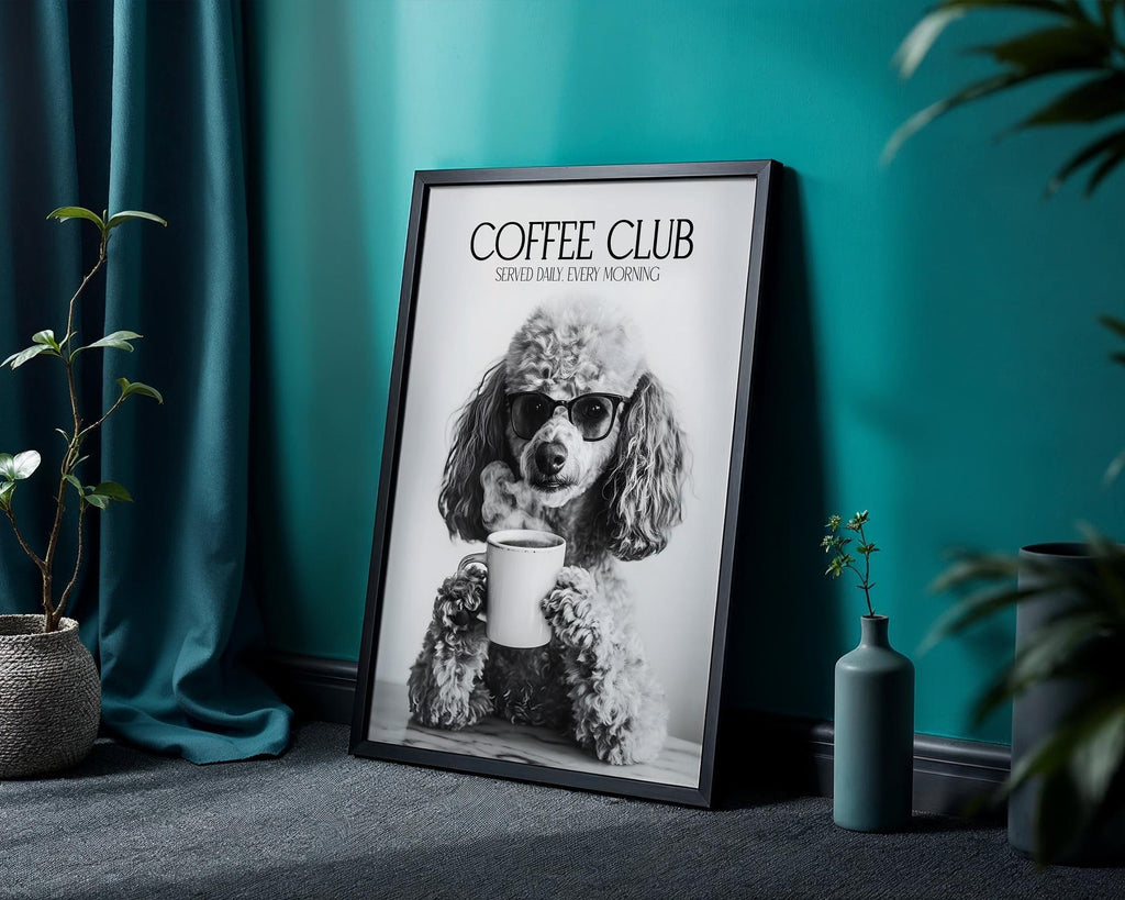 Poodle Print, Poodle Lovers Gift, Black and White Kitchen Wall Decor, Dog Home Decor, Coffee Wall Art For Kitchen, Coffee Machine Print A4