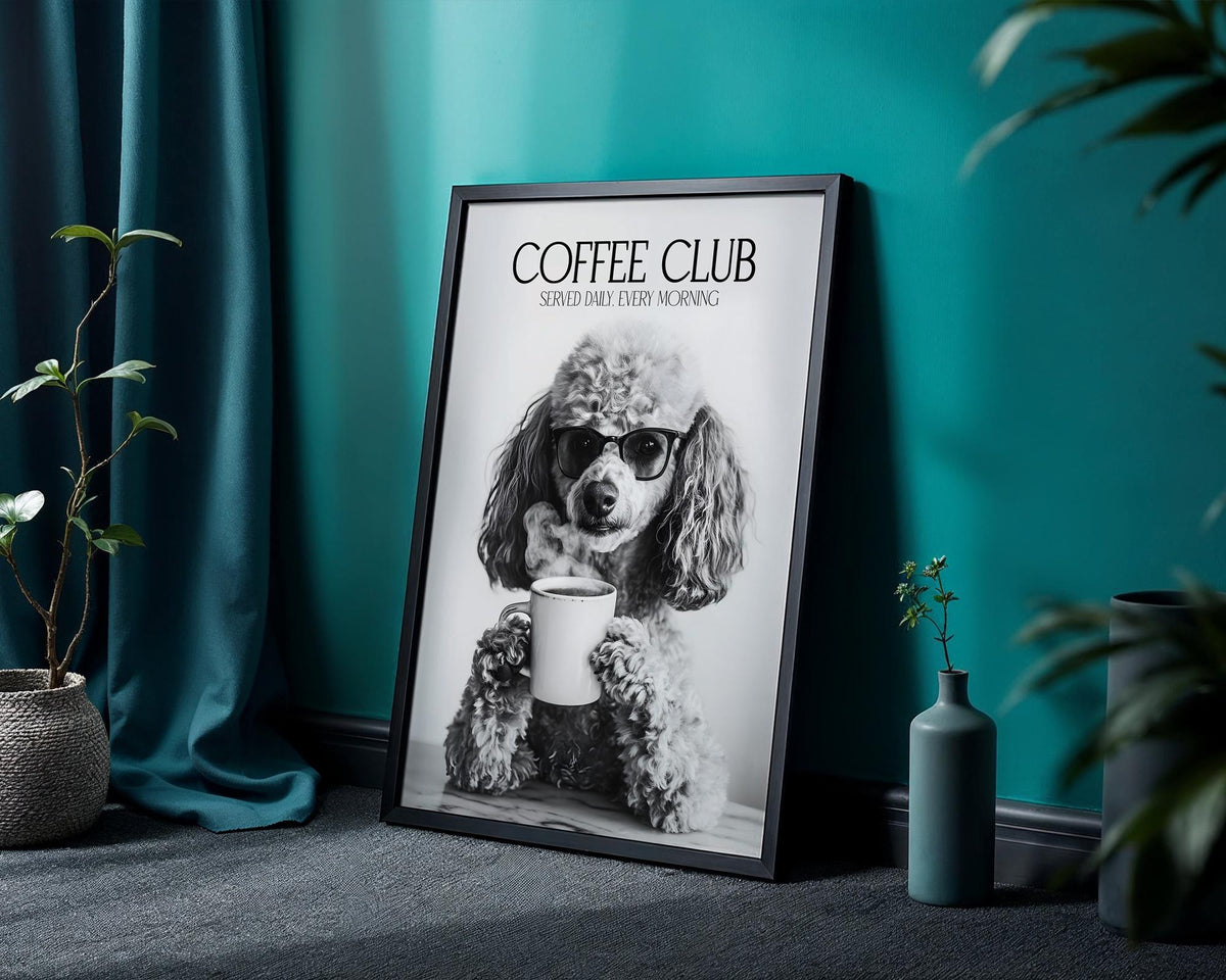 Poodle Print, Poodle Lovers Gift, Black and White Kitchen Wall Decor, Dog Home Decor, Coffee Wall Art For Kitchen, Coffee Machine Print A4