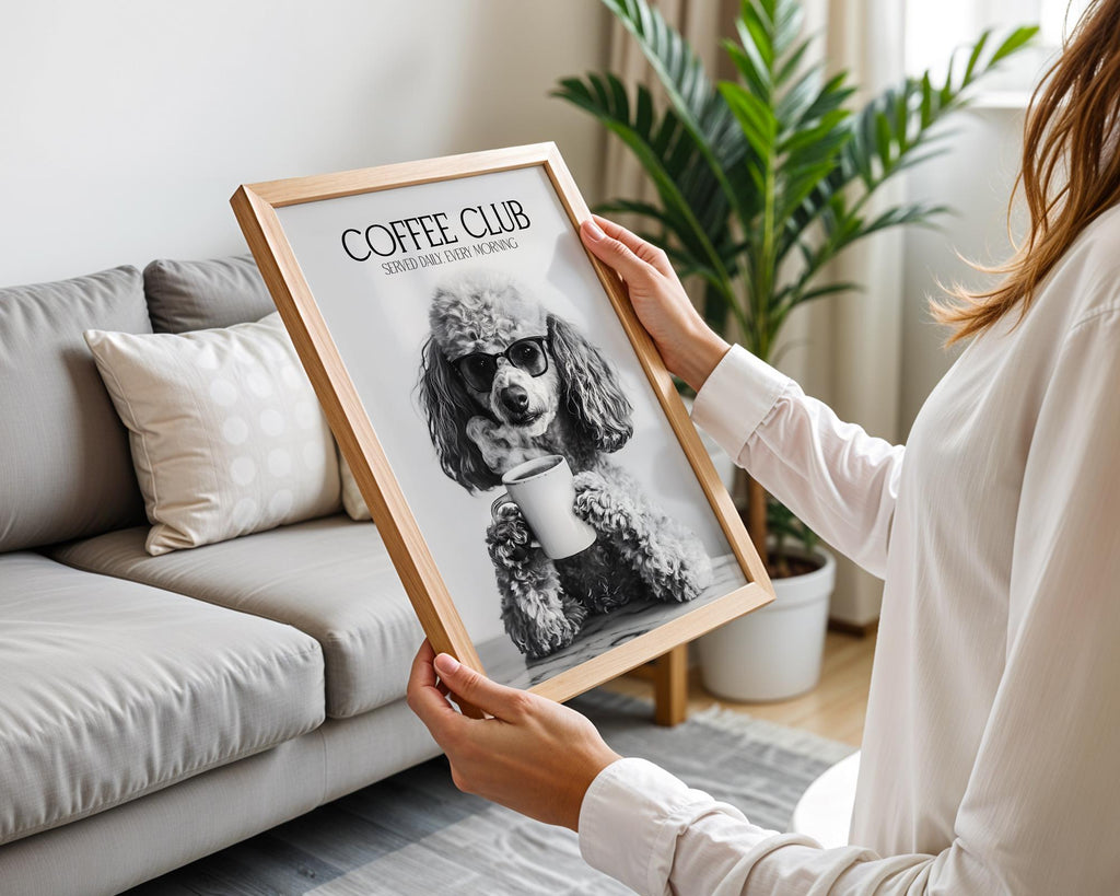 Poodle Print, Poodle Lovers Gift, Black and White Kitchen Wall Decor, Dog Home Decor, Coffee Wall Art For Kitchen, Coffee Machine Print A4