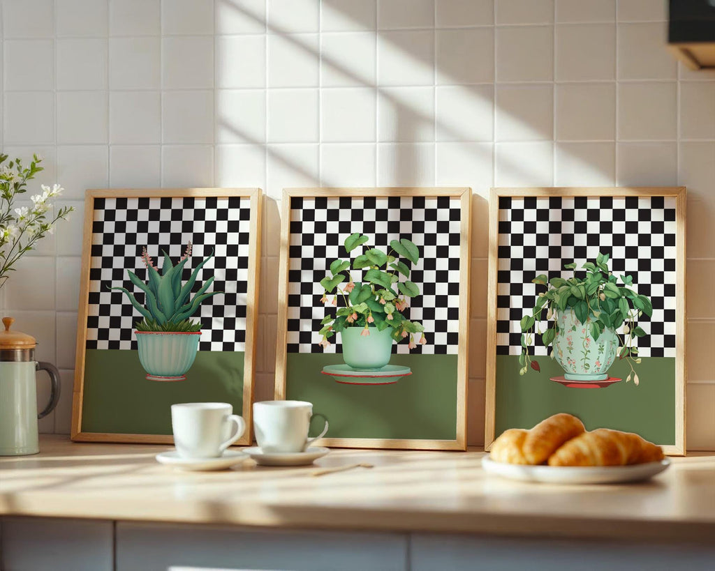 House Plant Wall Art Print Bundle, Set of 3 Botanical Prints, Green Boho Maximalist Plant Wall Decor Poster, Gift for Plant Collector
