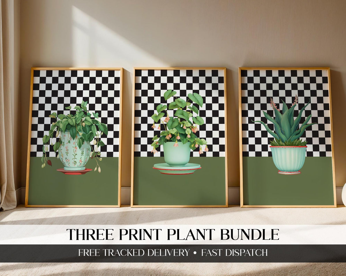 House Plant Wall Art Print Bundle, Set of 3 Botanical Prints, Green Boho Maximalist Plant Wall Decor Poster, Gift for Plant Collector