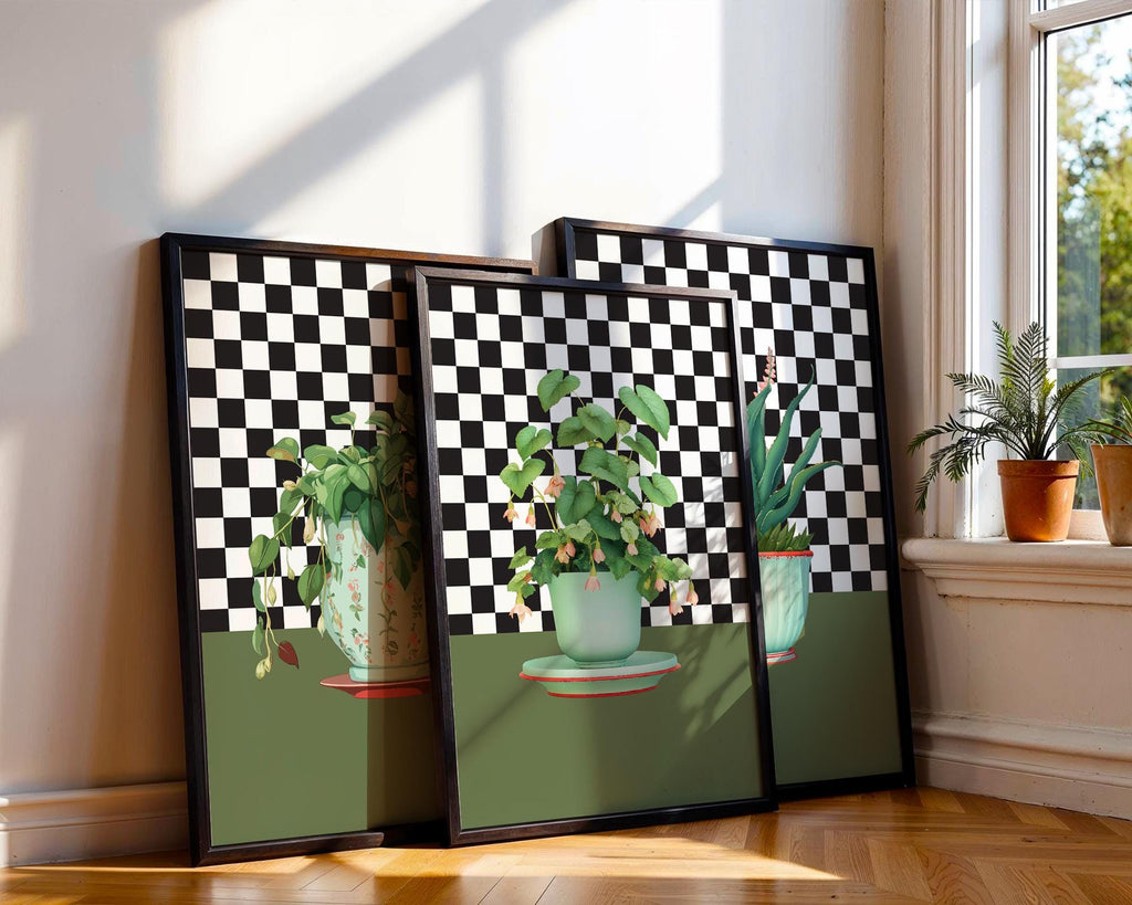 House Plant Wall Art Print Bundle, Set of 3 Botanical Prints, Green Boho Maximalist Plant Wall Decor Poster, Gift for Plant Collector