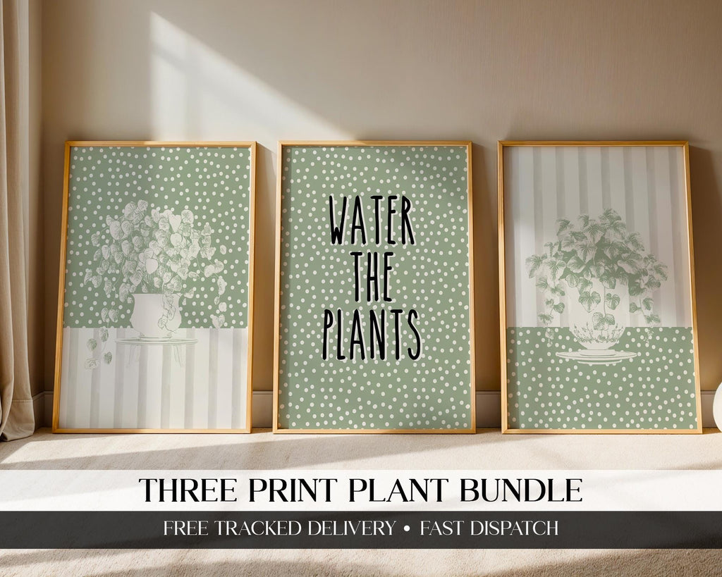 Sage Wall Art Set of 3 Botanical Prints, Water The Plants Wall Art Bundle, Green Boho Abstract Plants Wall Decor Poster, Above Sofa Prints