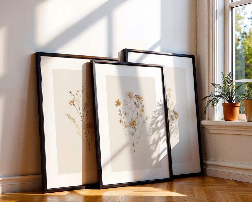 Neutral Wall Art Set of 3 Botanical Prints, Boho Floral Wall Art Bundle, Neutral Wall Decor with Flower Art in Terracotta Tones, Home Decor