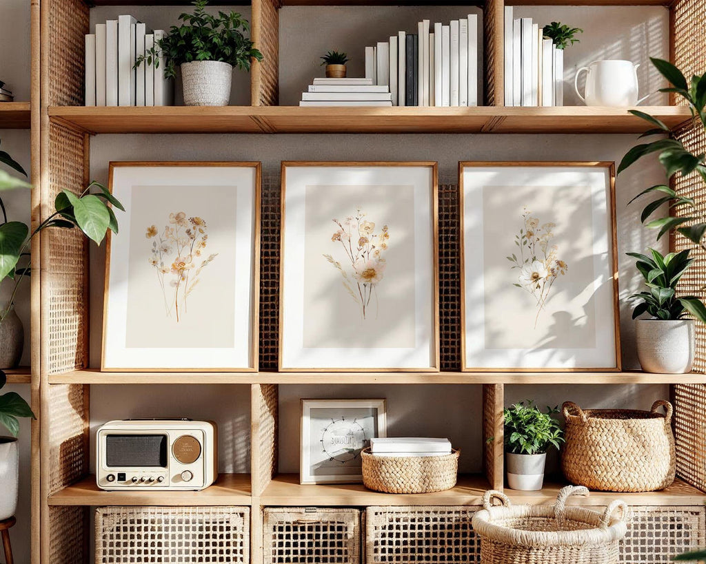 Neutral Wall Art Set of 3 Botanical Prints, Boho Floral Wall Art Bundle, Neutral Wall Decor with Flower Art in Terracotta Tones, Home Decor