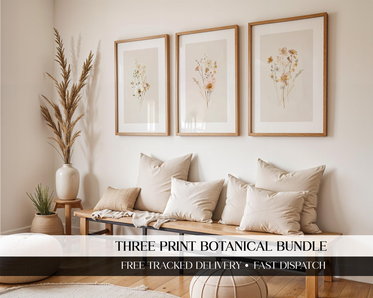 Neutral Wall Art Set of 3 Botanical Prints, Boho Floral Wall Art Bundle, Neutral Wall Decor with Flower Art in Terracotta Tones, Home Decor