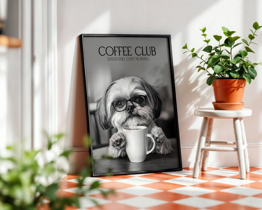 Shih Tzu Wall Art, Black & White Dog Posters, Shih Tzu Gift, Funny Animal Gift, Humorous Wall Decor, Animals Drinking Coffee Print A4 A5
