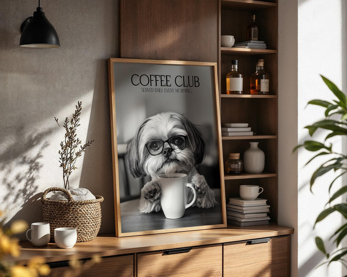 Shih Tzu Wall Art, Black & White Dog Posters, Shih Tzu Gift, Funny Animal Gift, Humorous Wall Decor, Animals Drinking Coffee Print A4 A5