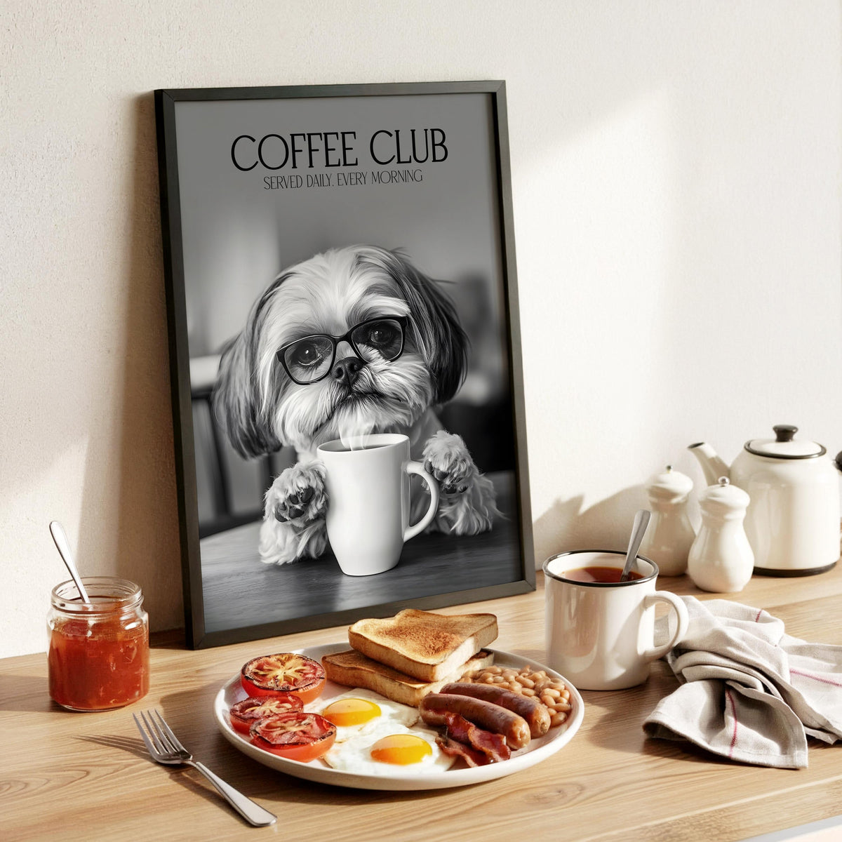 Shih Tzu Wall Art, Black & White Dog Posters, Shih Tzu Gift, Funny Animal Gift, Humorous Wall Decor, Animals Drinking Coffee Print A4 A5