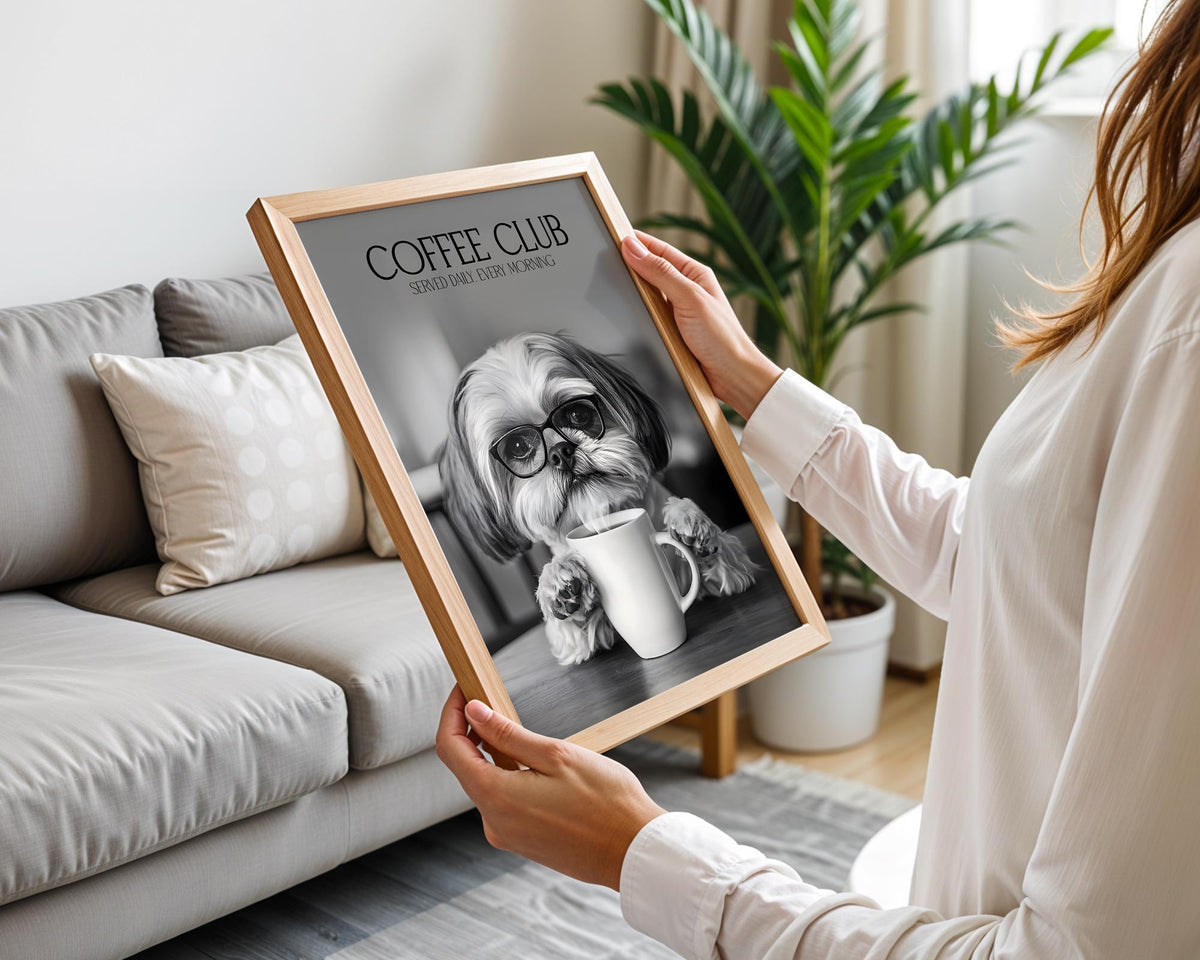 Shih Tzu Wall Art, Black & White Dog Posters, Shih Tzu Gift, Funny Animal Gift, Humorous Wall Decor, Animals Drinking Coffee Print A4 A5