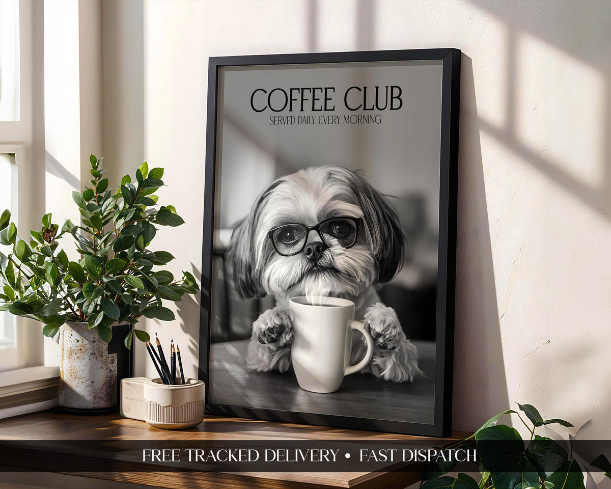 Shih Tzu Wall Art, Black & White Dog Posters, Shih Tzu Gift, Funny Animal Gift, Humorous Wall Decor, Animals Drinking Coffee Print A4 A5