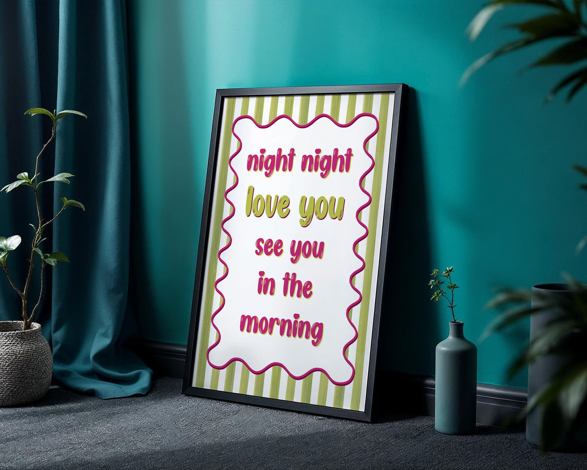 Night Night Love You Poster, Bright Bedroom Prints, Bold Typography Poster, Romantic Bedroom Decor For Couples, Pink and Green Wall Art