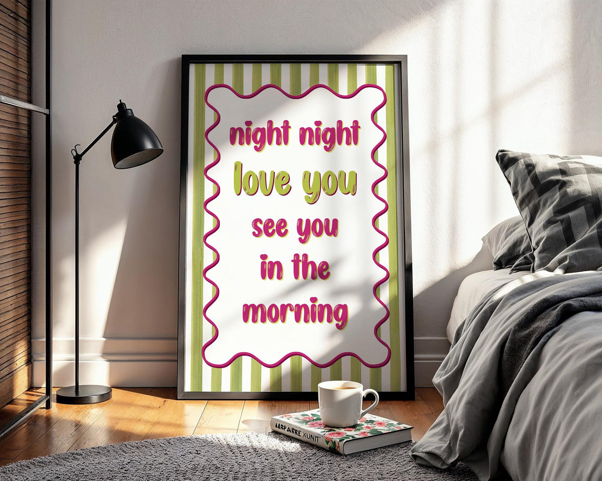 Night Night Love You Poster, Bright Bedroom Prints, Bold Typography Poster, Romantic Bedroom Decor For Couples, Pink and Green Wall Art