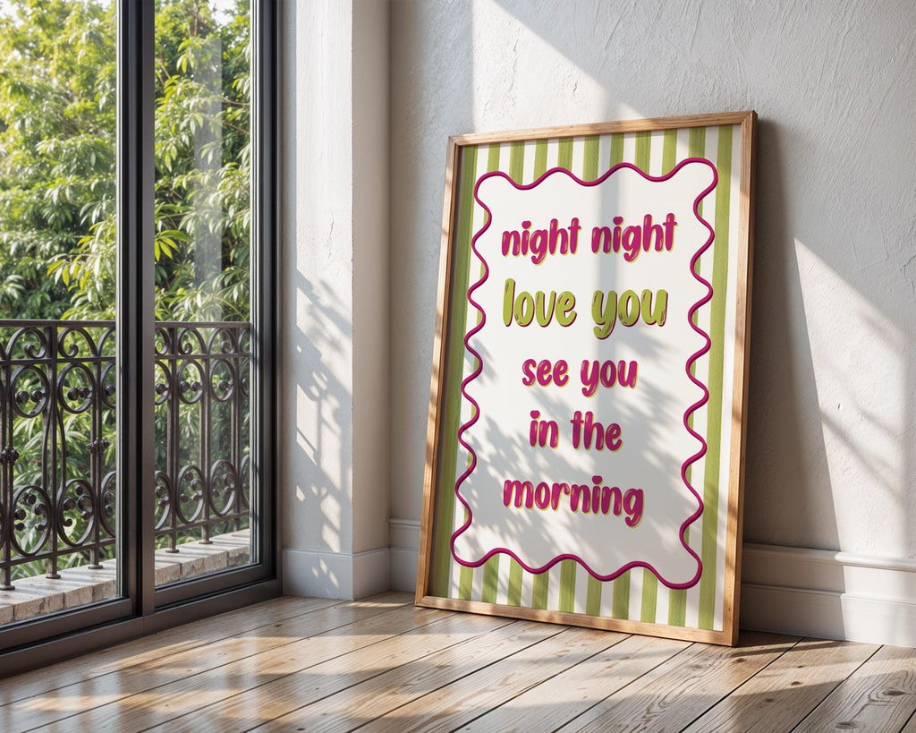 Night Night Love You Poster, Bright Bedroom Prints, Bold Typography Poster, Romantic Bedroom Decor For Couples, Pink and Green Wall Art